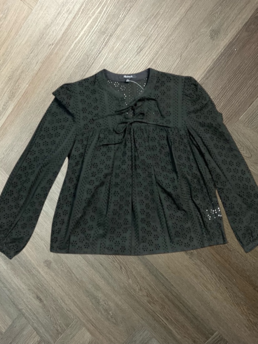 Madewell Blouse Top Womens XS Black Eyelet Lace Up Boho Indie Cottagecore Flowy